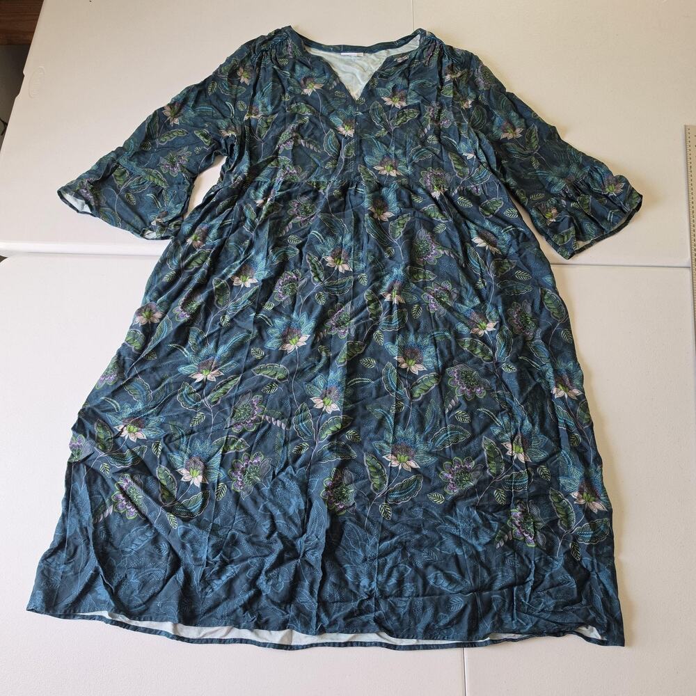 J Jill Dress Womens XL Blue Floral V Neck 3/4 Bell Sleeve Midi Boho Fit & Flare